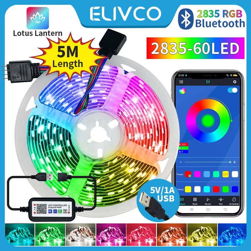 5M USB Led Strip Lights RGB 2835 60 LED Bluetooth APP Control Luces Led Flexible