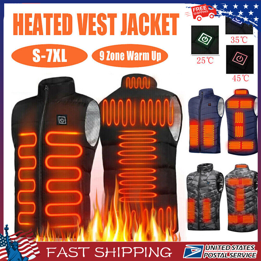 Men USB Electric Heated Vest Jacket 9 Zone Warm Up Heating Pad Cloth Body Warmer