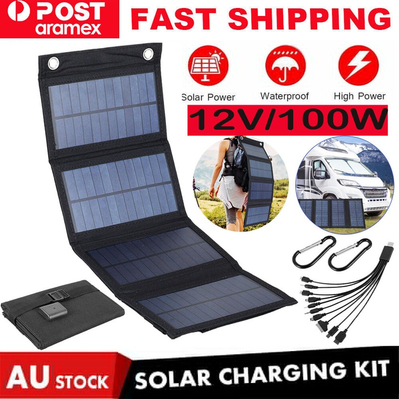 12V 100W Folding Solar Panel Blanket Flexible Solar Mat Power Charger Camping US
