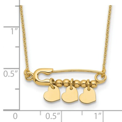 Pre-owned Superdealsforeverything Real 14kt Yellow Gold Safety Pin With Dangle Hearts Necklace