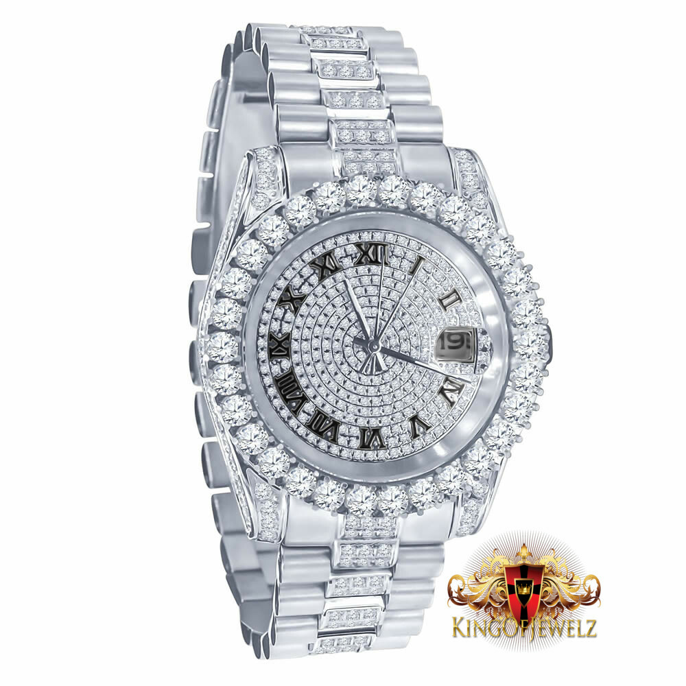 Pre-owned Blingmaster Men's White Gold Tone Stainless Steel Presidential Watch 41 Mm Simulated Diamond