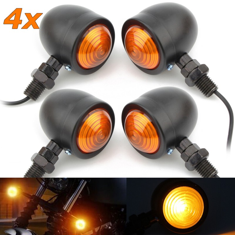 4-Piece Black Metal Bullet Turn Signal Lights - Amber Blinkers For Motorcycles (Universal 10mm Mount)