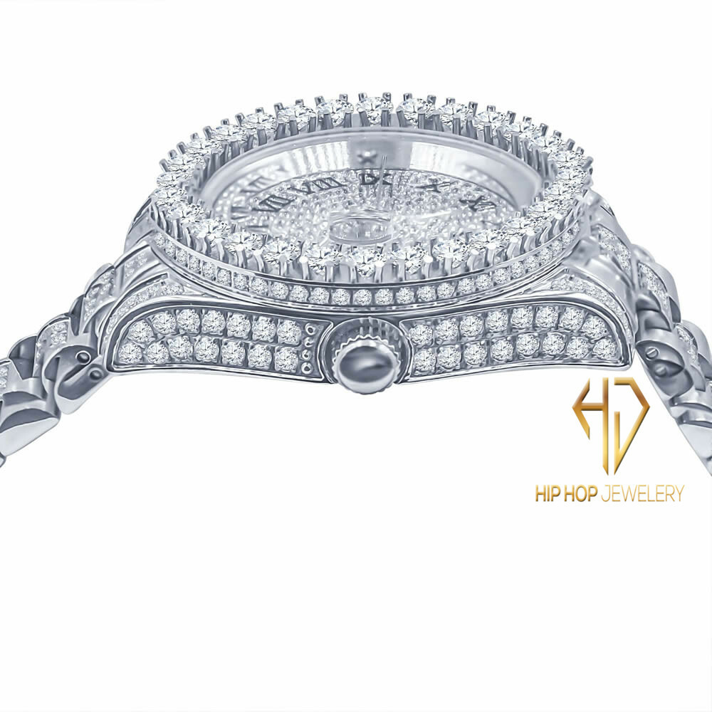 Pre-owned Bling Master 18k White Gold Tone Stainless Steel Simulated Diamonds Presidential Watch 41mm