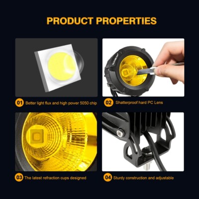 AUXBEAM 2x Amber LED Spot Flood Light Motorcycle Headlight Driving Fog Lamp