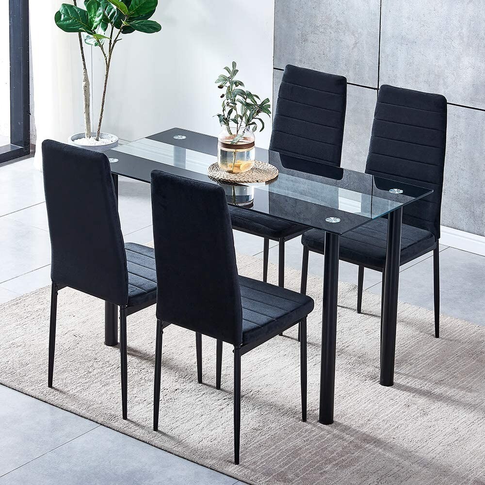 Black Glass Dining Room Table with 4 Velvet Chairs | in ...