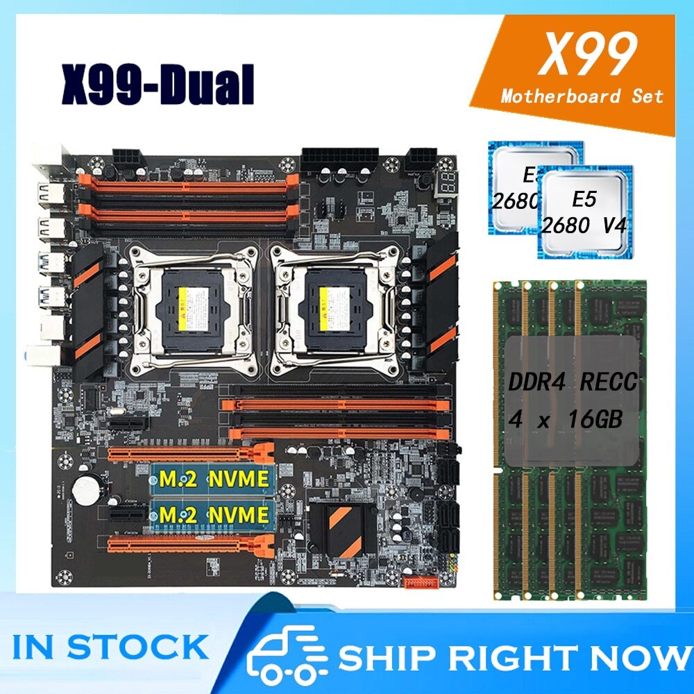 X99 Motherboard Set Dual CPU with E5 2680 V4 64GB DDR4 Ram