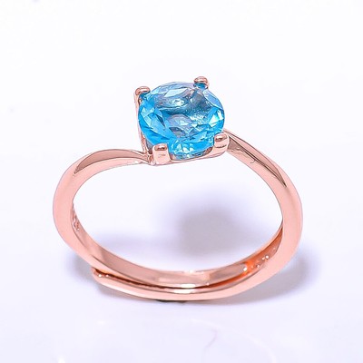 Blue Topaz Gemstone 925 Sterling Silver Rose Gold Plated Ring Adjst C7377-7_3