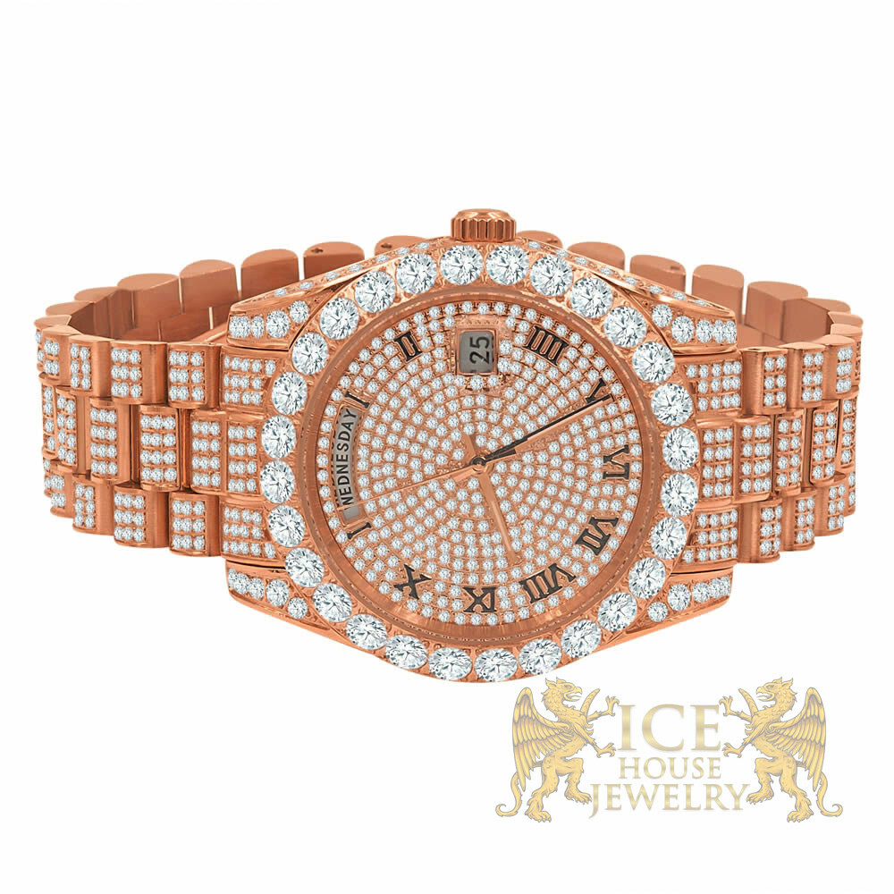Pre-owned Bling Master Solid Stainless Steel Solitaire Roman Dial 18k Rose Gold Day & Date Men's 40 Mm