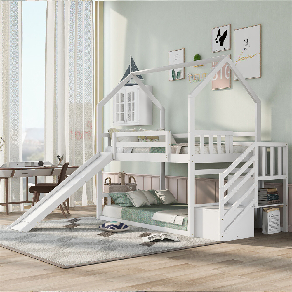 Twin over Twin House Bunk Bed with Convertible Slide & Storage Staircase White