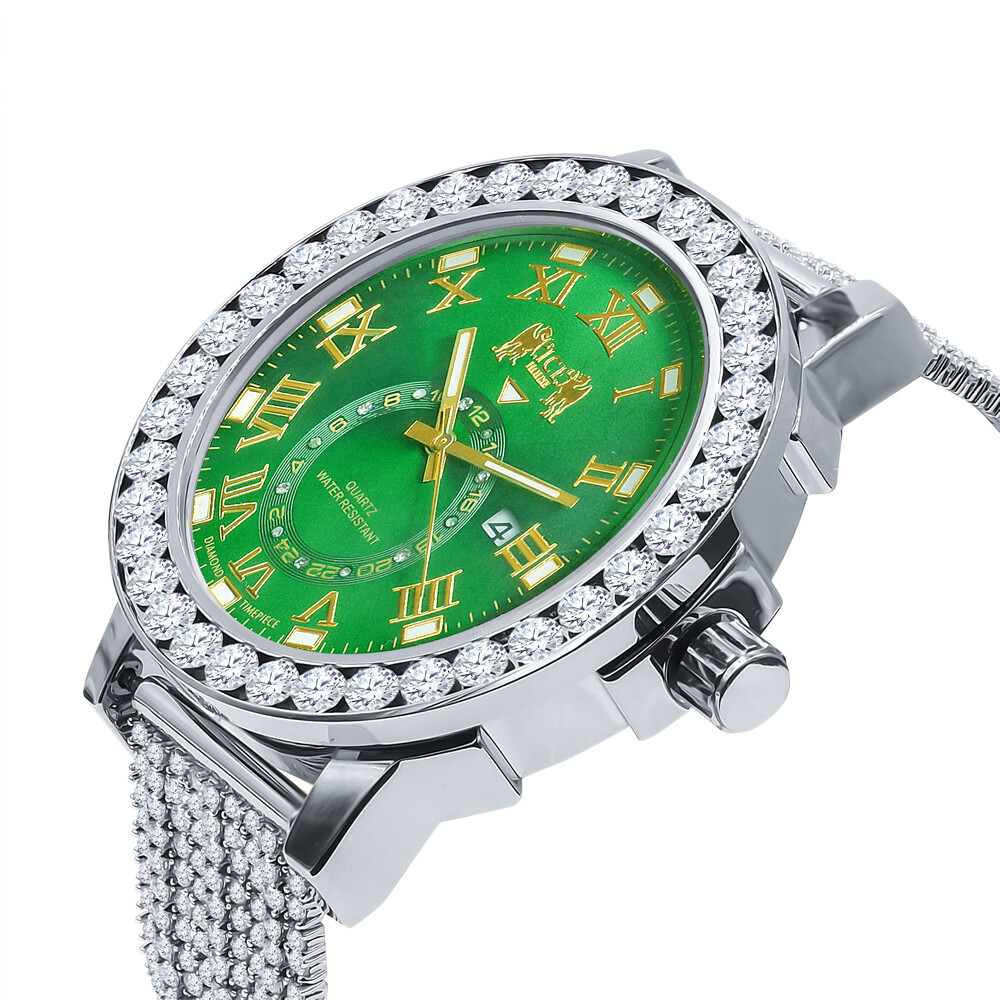 Pre-owned Icy Real Diamonds Gold Tone Emerald Green Solitaire Dial Custom Band Bezel Watch