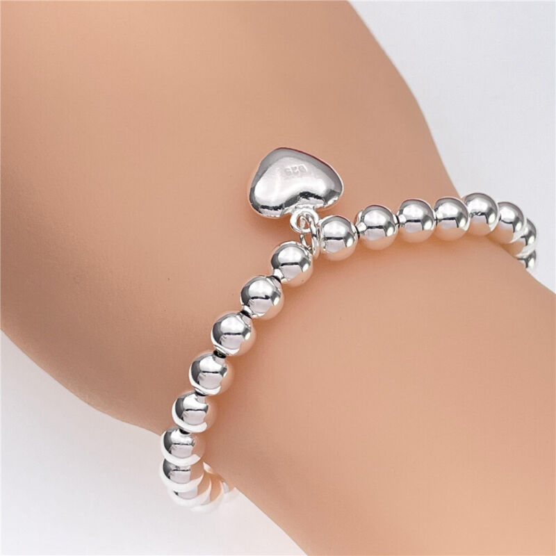 925 Sterling Silver Filled Beads Chain Bracelet Heart Dangle Women Charm Jewelry