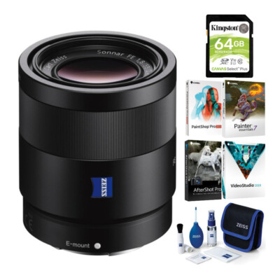 Sony Sonnar T* FE 55mm F1.8 ZA Lens with Software Suite and Accessory Bundle
