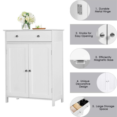 White Wooden Bathroom Floor Cabinet Storage Cupboard W/ Shelves for Home Kitchen