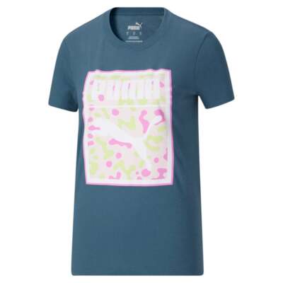 

Puma New Wordmark Graphic Crew Neck Футболка с коротким рукавом Женские синие повседневные топы, Синий