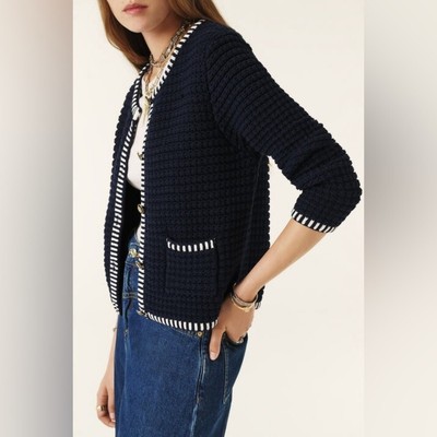 NEW Ba&sh Bash Geffrey Tweed Cardigan Navy Stripe Accents Cotton | size 0 / XS