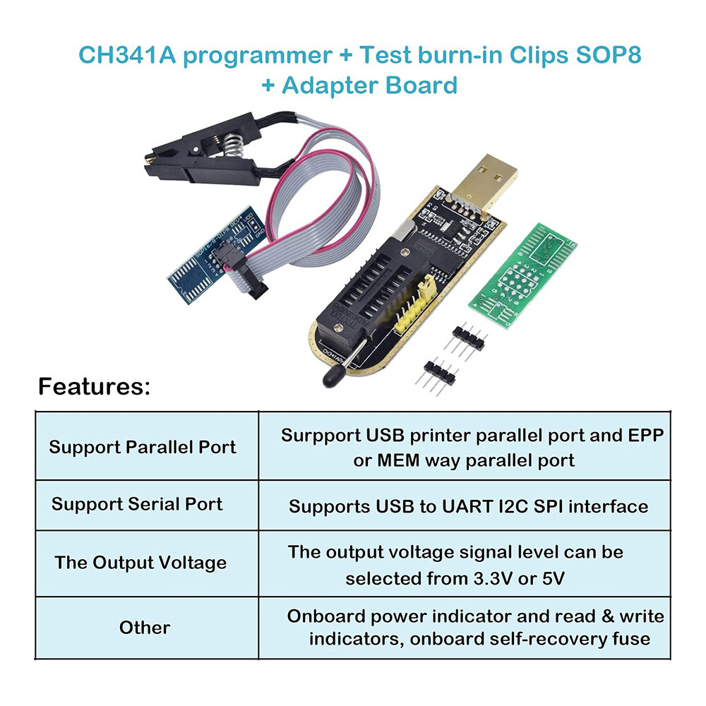 CH341A 24 25 Series EEPROM Flash BIOS USB Programmer Module + SOIC8 Test Clip