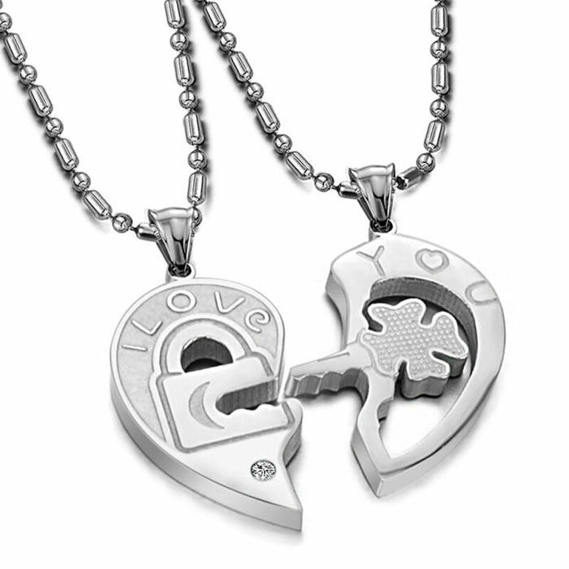 His & Hers Couples, Heart Lock&key Lucky Clover Stainless Steel Pendant Necklace