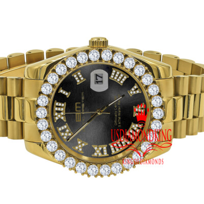 Pre-owned Bling Master Mens Solid Steel Black Dial 18k Gold Simulated Diamonds Presidential Watch 42mm