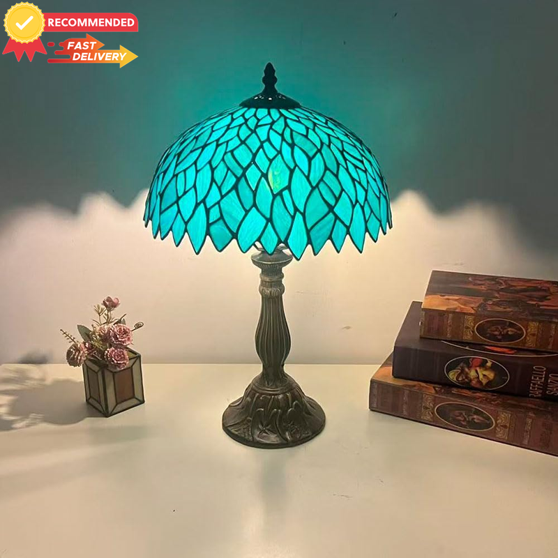 Vintage Tiffany Style Table Lamp 12" Red Floral Stained Glass Rose Handmade