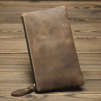 Leather Cash Long Wallet Envelope Zipper Pouch - Money Holder for Men & Women^