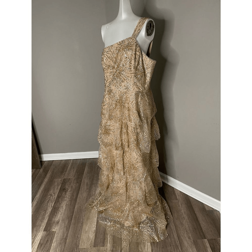 Pre-owned Marchesa Notte Tiered Beaded One-shoulder Gown In Gold