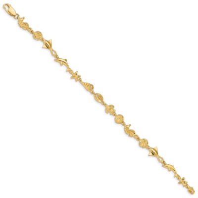 Pre-owned Skyjewelers Real 14k Yellow Gold Polished And Textured Ocean Motif 7 Inch Chain Bracelet