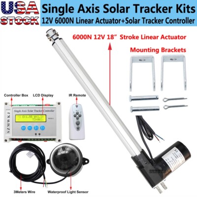 6000N 12V Single Axis Solar Tracker LCD Controller W/ 18'' Linear Actuator System