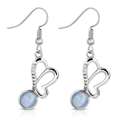 Stainless Steel Silver-Tone Blue Simulated Gemstone Butterfly Earrings, 1.65''