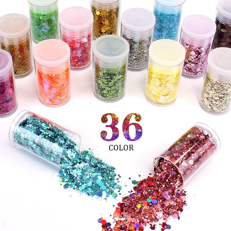 Chunky and Fine Glitter Mix,  36 Colors Chunky Sequins & Fine Glitter Powder Mix