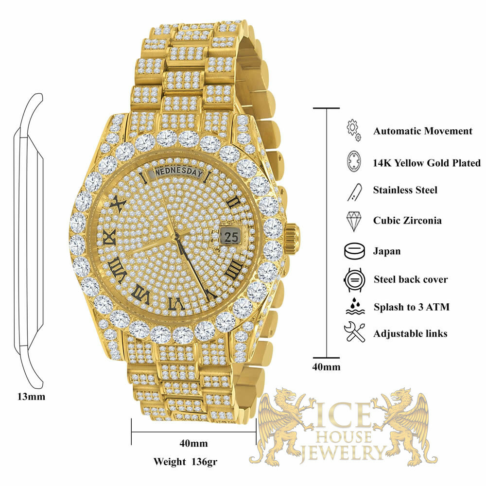 Pre-owned Bling Master Solid Stainless Steel Solitaire Roman Dial 18k Yellow Gold Day & Date Men's 40mm