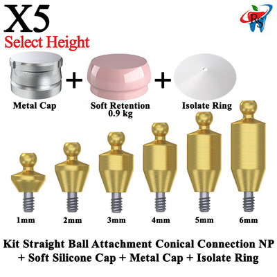 5x Kit Dental Straight Ball Attachment Conical NP Soft Silicone Metal Cap Ring