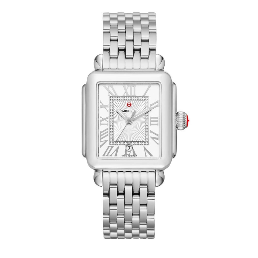 Pre-owned Michele Deco Madison Mid Stainless Steel Silver Diamond Dial Watch Mww06g000012