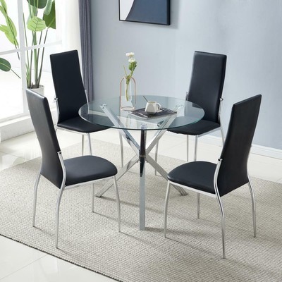 Dining Table Set Tempered Glass Round Dining Table With 4pcs Pu Chairs Black Home Base Furniture