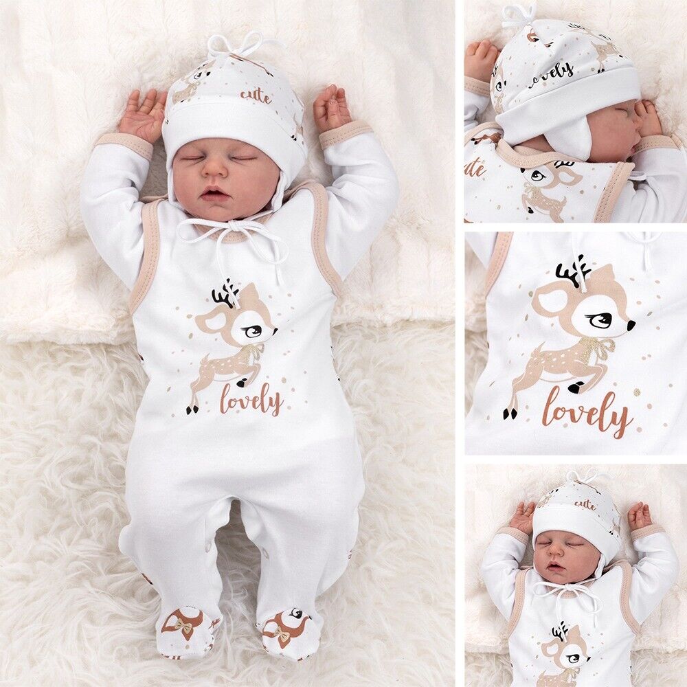 Baby Sweets Unisex Set Strampler Shirt Mütze weiß beige braun Lovely Deer