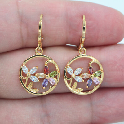 18K Yellow Gold Filled Fashion Multicolor Topaz Flower Circle Dangle Earrings