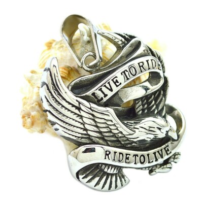 Stainless Steel ''Live to Ride Ride to Live'' Eagle Biker Pendant 
