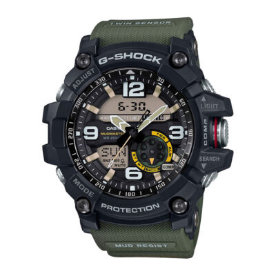 Pre-owned Casio G-shock Men's Mudmaster Analog/digital Green Cloth Band Watch Black Dial