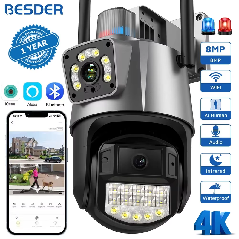 8MP PTZ WiFi Camera with Dual Screen Color Night Vision Outdoor 4MP Security IP