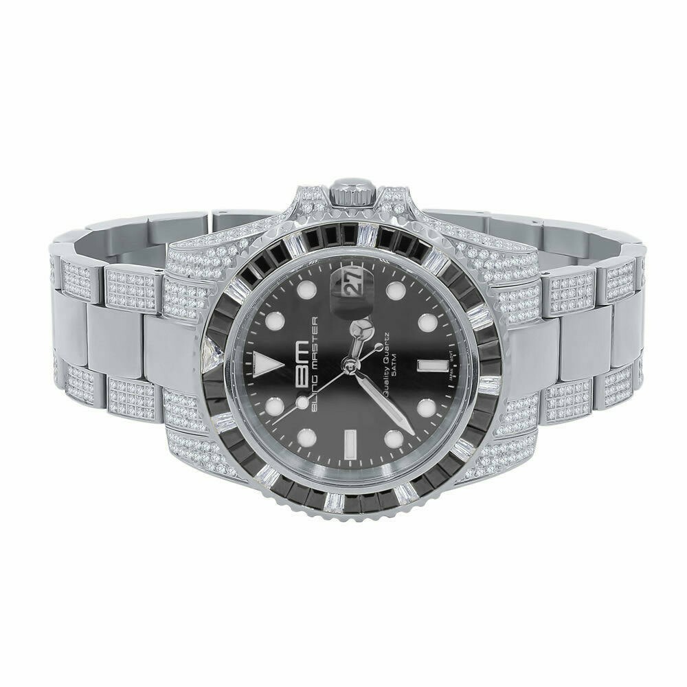 Pre-owned Bling Master 18k White Gold Men's Solid Steel Simulate Diamond 40mm Presidential Watch W/date