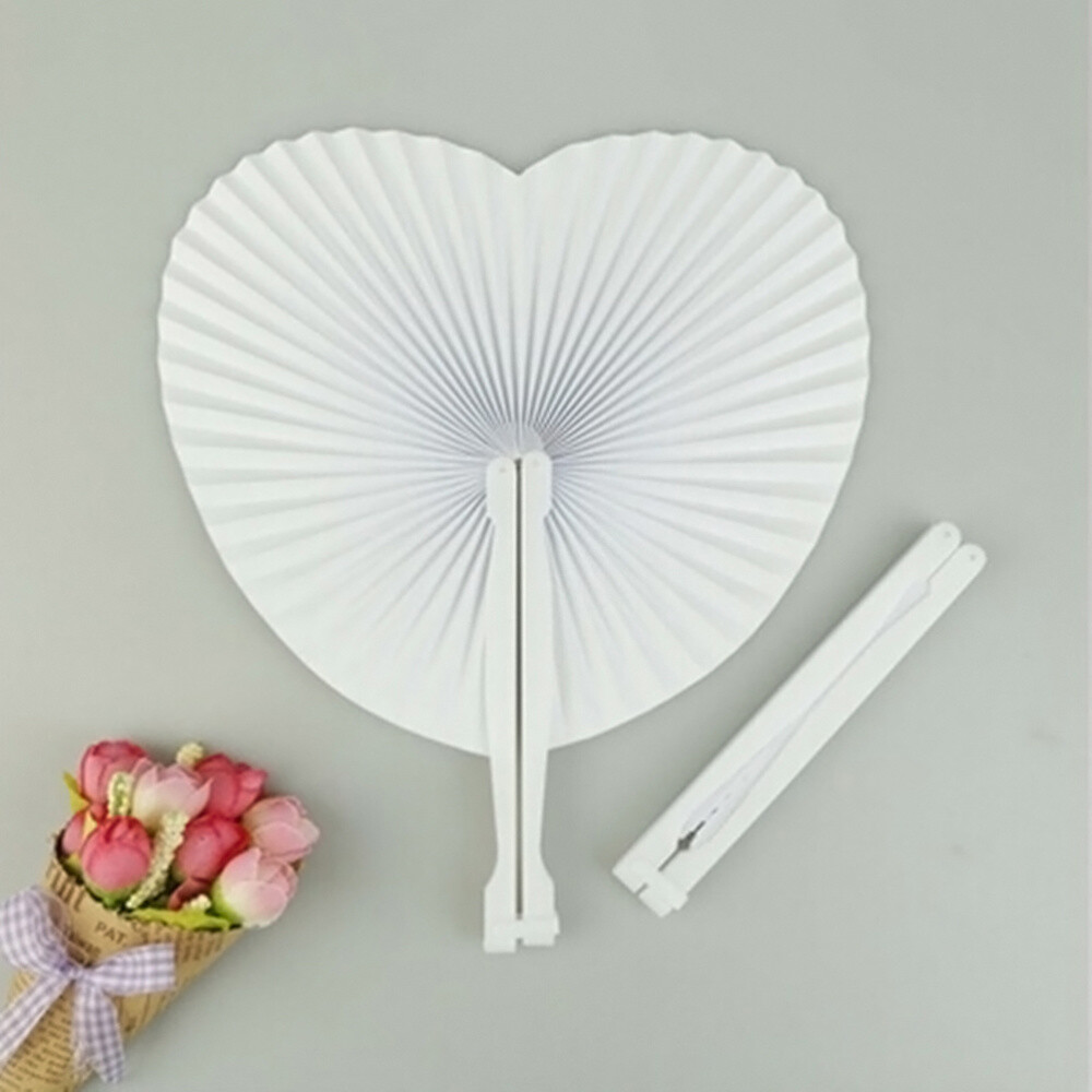 20 30pc Paper Fans Diy Plastic Handle Heart Shape White Folding