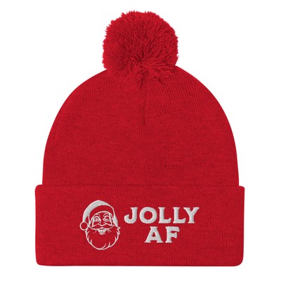 ''Jolly AF'' Black Pom-Pom Beanie   Fun Holiday Hat with Embroidery