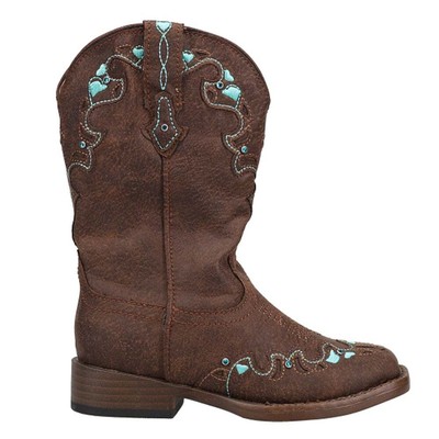 

Roper Heart Embroidery Square Toe Cowboy Youth Girls Brown Casual Boots 09-018-, Коричневый, Roper Heart Embroidery Square Toe Cowboy Youth