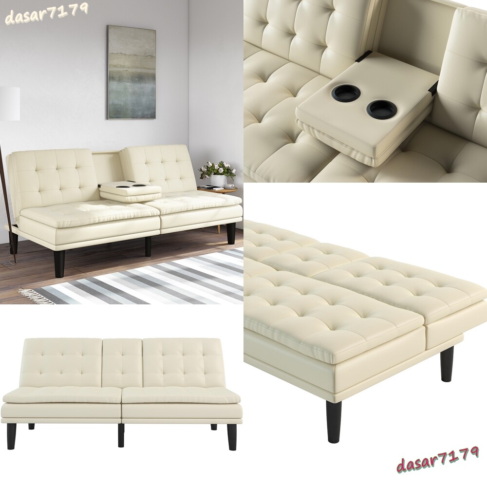 Memory Foam Leather Futon Sofa Bed Couch Sleeper Cup Holder Pillow Top White
