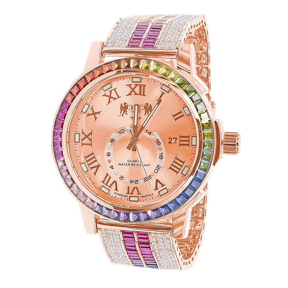 Pre-owned Ice House Icy Rainbow Baguette Rose Gold Tone Red Face Dial Custom Band Luxury Watch