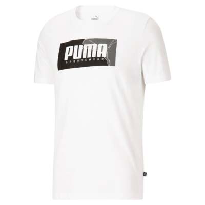 

Puma Box Graphic Crew Neck TShirt Mens Size  Casual Tops 846844, Белый, Puma Box Graphic Crew Neck Short Sleeve TShirt