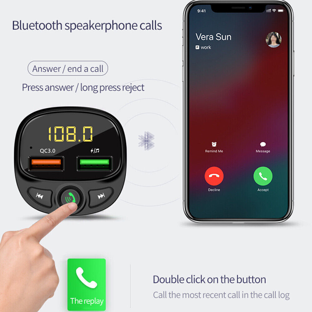 Car Wireless Bluetooth 5.0 FM Transmitter QC3.0 USB Charger Adapter Radio Player
