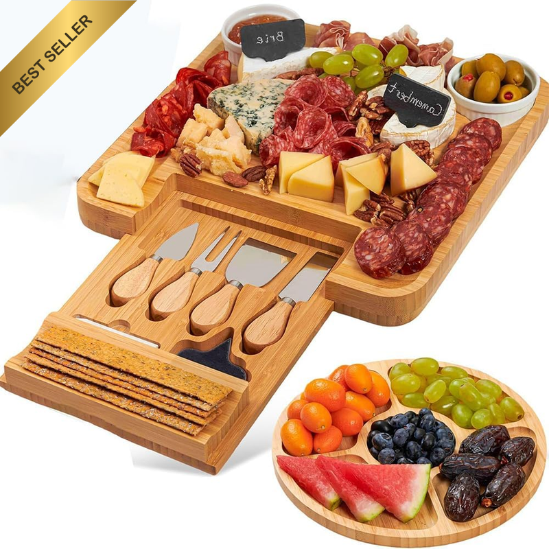 Bamboo Charcuterie Board Set Fruit Tray Utensils Bowls | Natural Bamboo Finish,