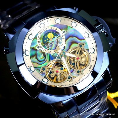 Pre-owned Invicta Man Of War Double Open Heart Automatic Moon Phase Abalone Blue Watch