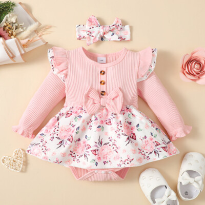 Newborn Baby Girls Floral Ribbed Romper Tutu Dress Headband Clothes Set Outfits