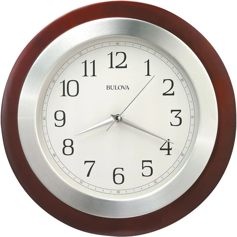 Bulova 14 In. H X 14 In. W round Wall Clock with Wood Case and Brushed Aluminum
